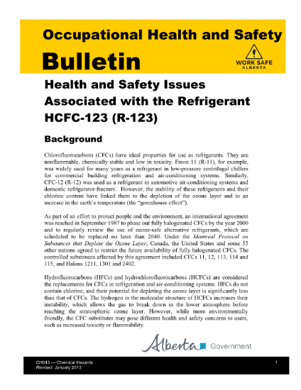 Picture of Health and Safety Issues Associated with the Ozone-Friendly Refrigerant HCFC-123