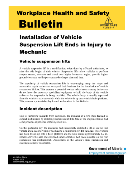 Picture of Installation of Vehicle Suspension Lift Ends in Injury to Mechanic