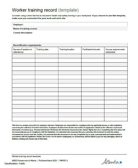 OHS Resource Portal Worker Training Record template 